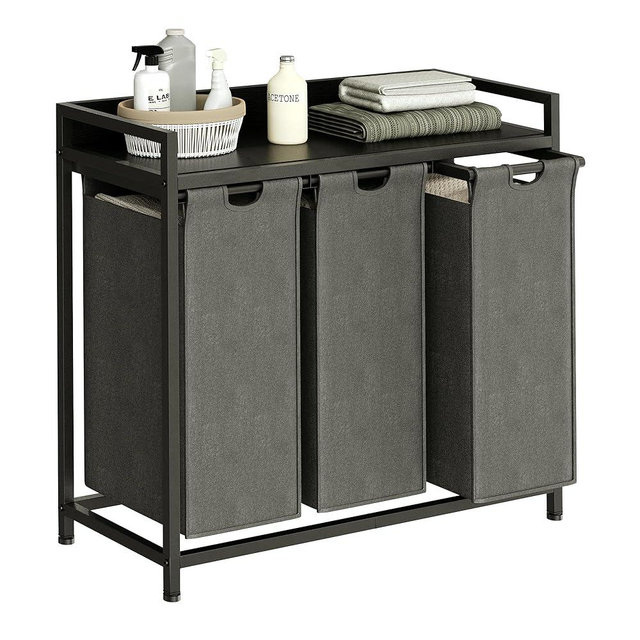 Herture Laundry Hamper with Shelf, Laundry Basket 3 Section, Laundry Sorter with Pull-Out Removable Large Bags and Movable Wheels, Metal Frame, 3 x 15.87 Gallons (60L), Black and Gray PF04XLC