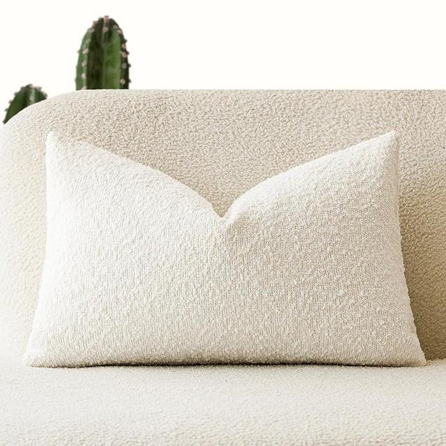 Foindtower Textured Boucle Throw Pillow Covers Accent Solid Lumbar Pillow Cases Cozy Soft Decorative Couch Cushion Case for Chair Sofa Bedroom Living Room Home Decor, 12 x 20 Inch,White