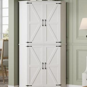 IRONCK Corner Cabinet, 72" Kitchen Pantry Cabinet, 6-Tier Freestanding Farmhouse Pantry with 2 Adjustable Shelves, 240°Swivel Doors, 2 Doors Storage, Spacious Hutch for Kitchen, Living Room, White
