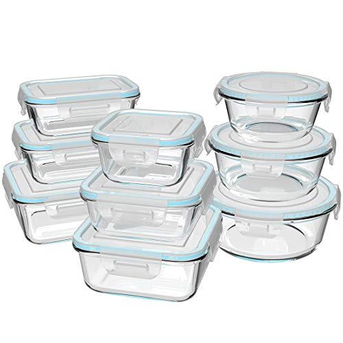 Glass Food Storage Containers with Lids, [18 Pieces] Glass Meal Prep Containers, Glass Containers for Food Storage with Lids, BPA Free & FDA Approved & Leak Proof (9 Lids & 9 Containers)