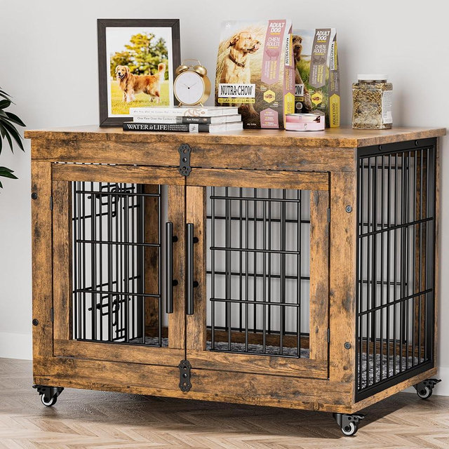 Lulive Dog Crate Furniture, Dog Kennel Indoor Double Doors Wooden Dog Cage, 32'' Heavy Duty Dog Crate with Cushion & Wheels, Decorative End Table Pet House Chew-Resistant for Medium/Small Dog, Brown