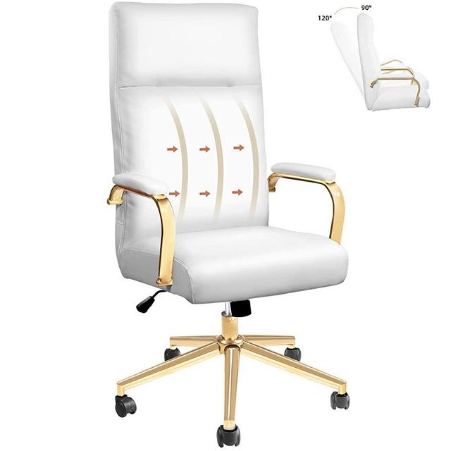 White and Gold Office Chair, Toszn Office Chair Gold, Executive Office Chair with Back Support and Armrest, High Back Leather Office Chair for Women, Desk Chairs with Wheels and Gold Legs, White