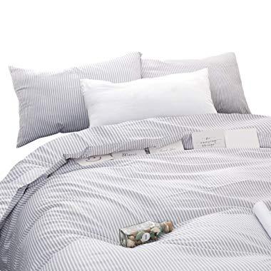 Wake In Cloud - Gray White Striped Duvet Cover Set, 100% Cotton Bedding, Grey Vertical Ticking Stripes Pattern Printed on White, with Zipper Closure (3pcs, Queen Size)