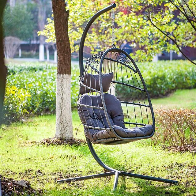 Egg Chair with Stand Indoor Outdoor Patio Wicker Hanging Chair Aluminum Frame Swing Chair Patio Egg Chair with UV Resistant Dark Grey Cushion