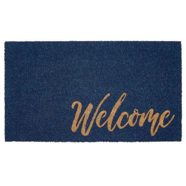 mDesign Rectangular Coir and Rubber Entryway Welcome Doormat with Natural Fibers for Indoor or Outdoor Use - Decorative Script Welcome Design - Navy/Natural