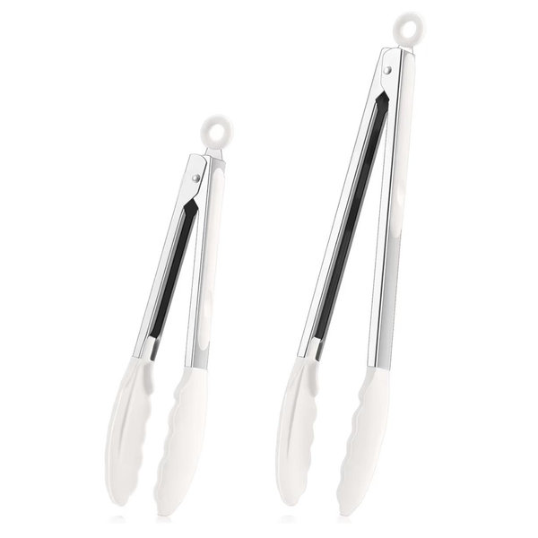 TeamFar Kitchen Tongs, 9" and 12" Stainless Steel Cooking Tongs with Silicone Tips for Cooking Grilling Serving & BBQ, Heat Resistant Silicone Tongs, Locking Design & Dishwasher Safe, Set of 2 & White