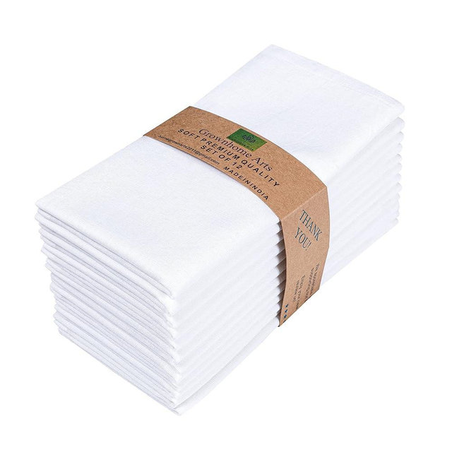 85% Cotton 15% Linen Dinner Cloth Set of 12 Napkins for Everyday Use Over Sized Easter Special Mitered Corners Napkins, Pre Shrunk Good Absorbency Ultra Soft Quality 18x18 in(White).