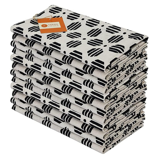 Taran Geometric Beige Print Cotton Dinner Napkins Set of 12 | 18x18 Inches | 100% Natural, Reusable Linens for Dinner, Events, Weddings