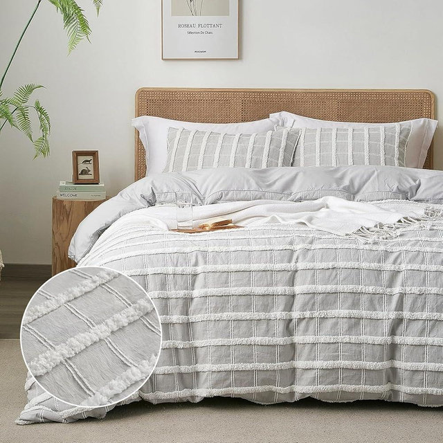 Ranunculus Tufted Stripes King Duvet Cover Set, Fluffy Washed Microfiber Grey Duvet Cover King Size with Button Closure & 2 Pillow Shams for All Seasons, Comforter Not Included (Grey Check,104"x90")