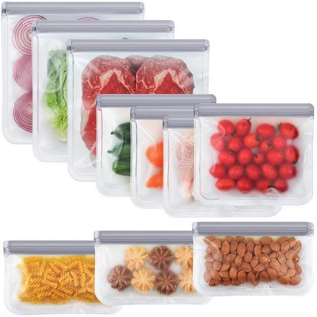 10 Pack Reusable Ziplock Bags Silicone, Leakproof Reusable Freezer Bags, BPA Free Reusable Food Storage Bags for Lunch Marinate Food Travel (Grey) - 3 Gallon 3 Snack 4 Sandwich Bags