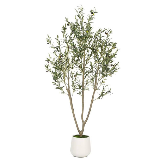 VIVATREES Olive Trees Artificial Indoor, 6FT Tall Faux Olive Tree with White Tall Planter, Artificial Plants with Natural Wood Trunk and Lifelike Fruits for Home Office Decor