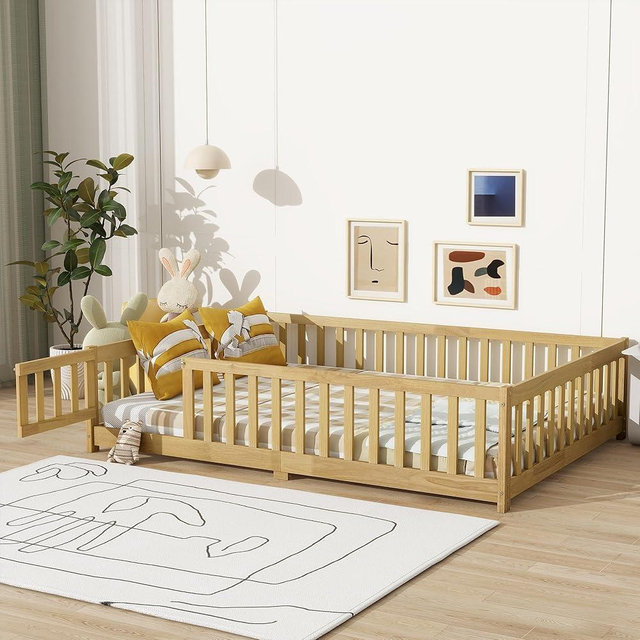 PVWIIK Full Size Floor Bed with Fence and Door,Rubber Wood Floor Bed w/Safety Guardrails/Near The Ground,Easy to Assemble & No Box Spring Needed, Natural