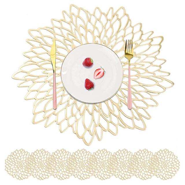 16PCS Pressed Vinyl Metallic Placemats and Coaster Sets,Round Wedding Dining Table Mats Kitchen Decor Placemats, Leaf Gold Leaf PVC Table Place Mats,Outdoor Indoor Dinner Table Placemats