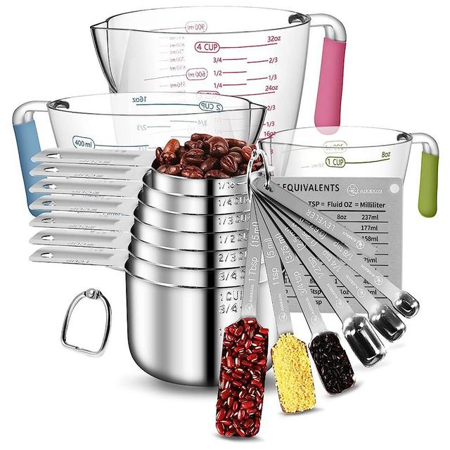 AIKEXIN Measuring Cups and Spoons Set of 20 - Stackable Stainless Steel Measuring Cups Spoons & Plastic Measuring Cup for Dry and Liquid Ingredients, Cooking & Baking Kitchen Gadgets