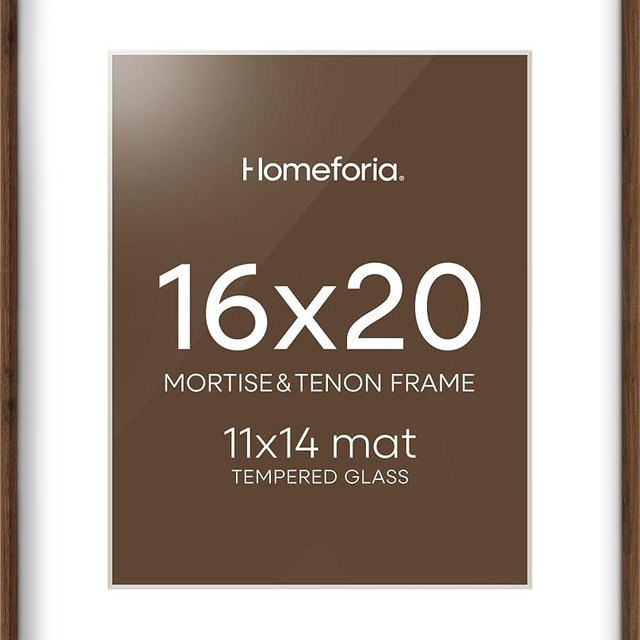 Homeforia 16 by 20 Picture Frame Brown Wood, Mortise & Tenon Walnut 16x20 Poster Frames with Mat 11x14 for Wall, 20x16 Dark Wooden Frames Matted to 11 x 14 inch Art, Tempered Glass, Wall Kit, Set of 1