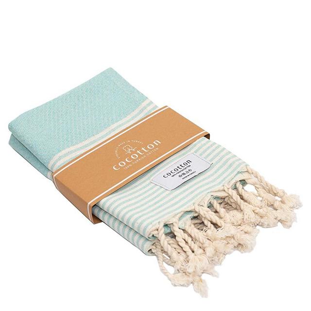 COCOTTON Boho Striped Turkish Hand Towels Set of 2 | 100% Cotton, 16 x 40 Inches | Decorative Bathroom Hair Face Gym Yoga Dishcloth Tea Kitchen Light Weight Quick Dry Farmhouse Towel (Mint)