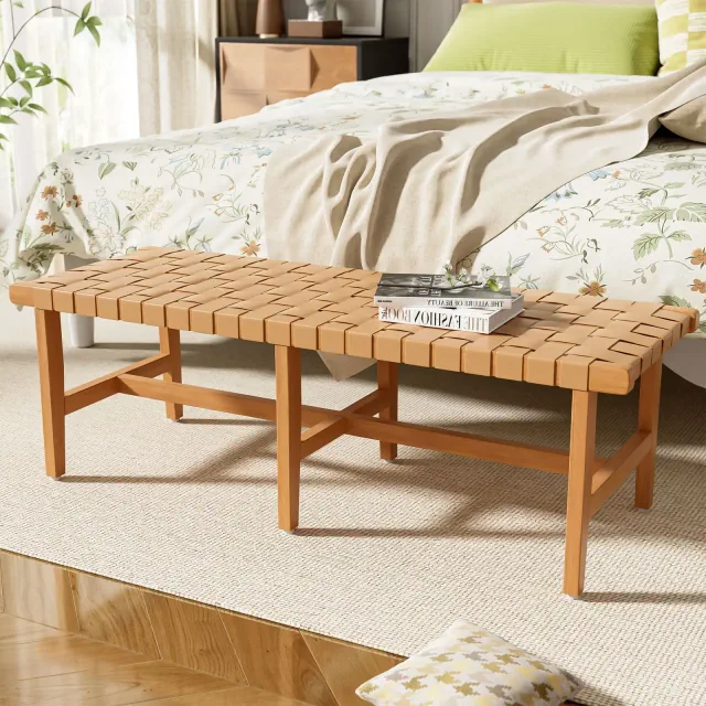 Christopher Knight Home Vladimir Contemporary Acacia Wood Bedroom Bench with Woven Faux Leather, Natural