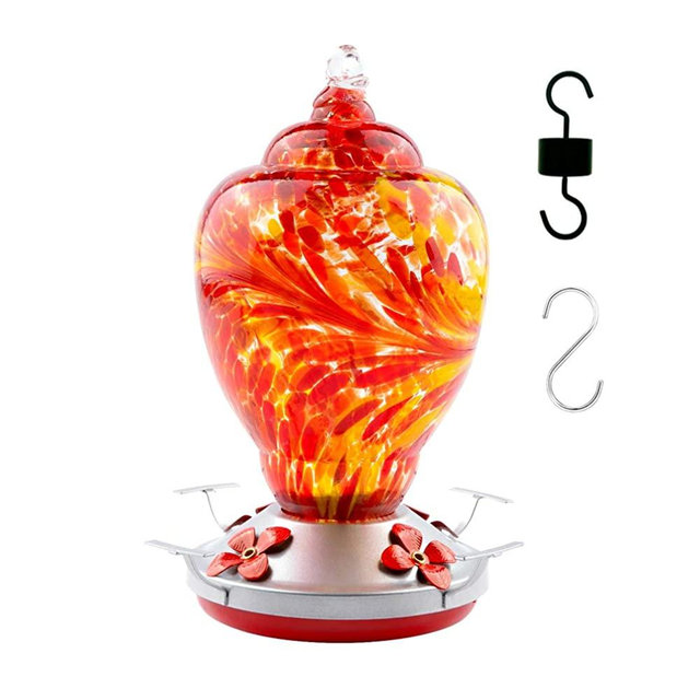 WOSIBO Hummingbird Feeder for Outdoors Patio Large 34 Ounces Colorful Hand Blown Glass Hummingbird Feeder with Ant Moat Hanging Hook, Rope, Brush and Service Card (RED)