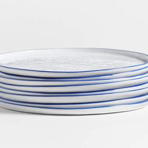 Mercer BLUE RIM Round Porcelain Dinner Plates, Set of 8