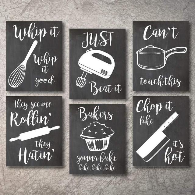 Home Decor Funny Gift 6 Kitchen Wall Art Prints Kitchenware with Sayings Unframed Farmhouse Home Office organization Signs Bar Accessories Decorations sets white house Deco Kitchen Decor (8"x10")