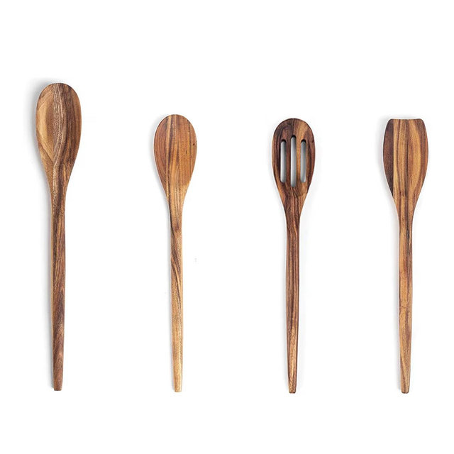 Ironwood Gourmet Acacia Wood Kitchen Utensil Set, Spatula, Slotted, Long and Regular Spoon, 4-Piece, Natural