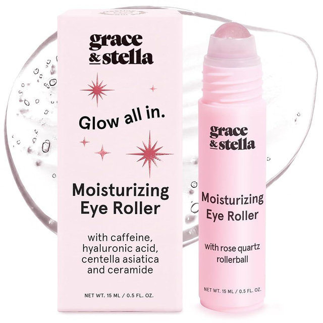 grace & stella Under Eye Brightener with Rose Quartz Rollerball - Centella Asiatica & Caffeine Under Eye Serum for Dark Circles & Puffiness - Travel Essentials, Birthday Gifts for Mom (15ml/0.51floz)