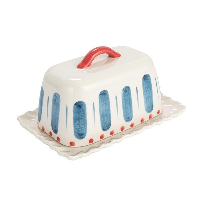 Creative Co-Op Hand-Painted Stoneware Butter Dish with Scalloped Edge, White, Red, and Blue, Medium, Multi
