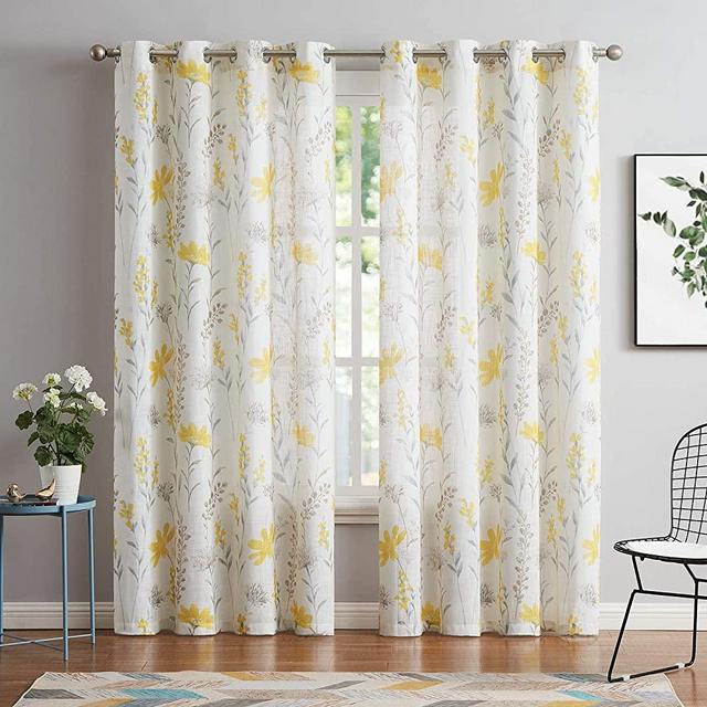Printed Sheer Curtains Linen Textured for Living Room Floral Leaf Design Farmhouse Style Window Panel Drapes Set Grommet Treatment for Bedroom, Dining, 52 x 84 inch, Yellow