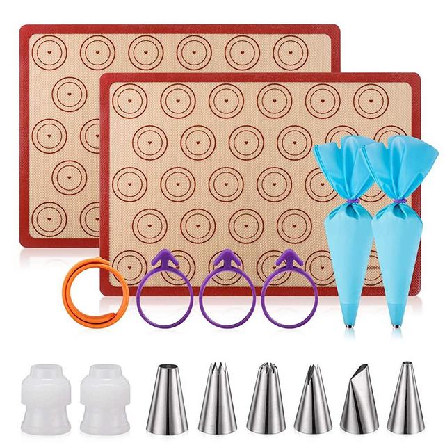 Silicone Baking Mat Macaron Mat Kit(16pcs set) Macaroon Baking Mat Set of 2 Half Sheet Macaron Silicone Mat Nonstick Macaron Mat Sheet,6 Piping Tip,2 Piping Bag with 3 Bag Tie,2 coupler (11.6"x16.5")