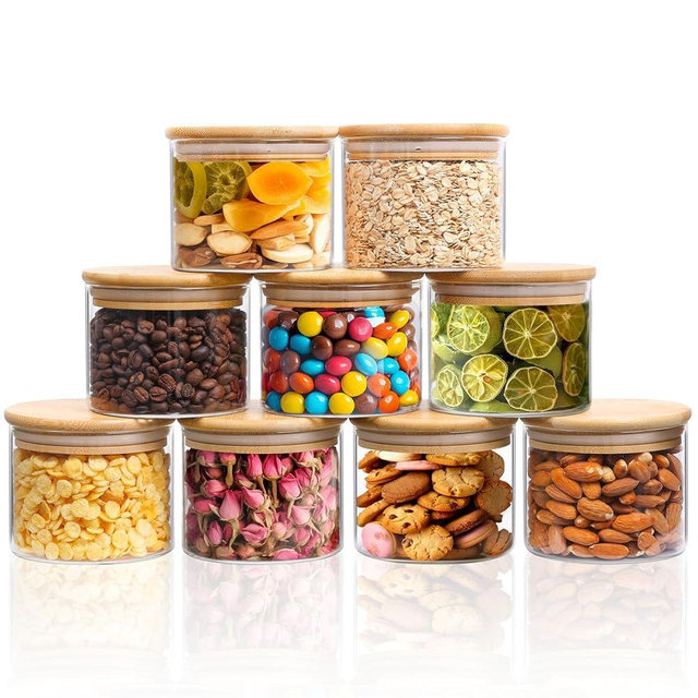 ComSaf 15oz Glass Food Storage Jars Set of 9, Clear Glass Storage Containers with Bamboo Lids, Pantry Organization Jar, Spice, Salt, Blooming Tea, Coffee and Sugar Container, Small jar Set for Kitchen