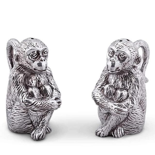 Arthur Court Aluminum Monkey Salt and Pepper Shacker Set - Metal refillable S&P 4 inches tall