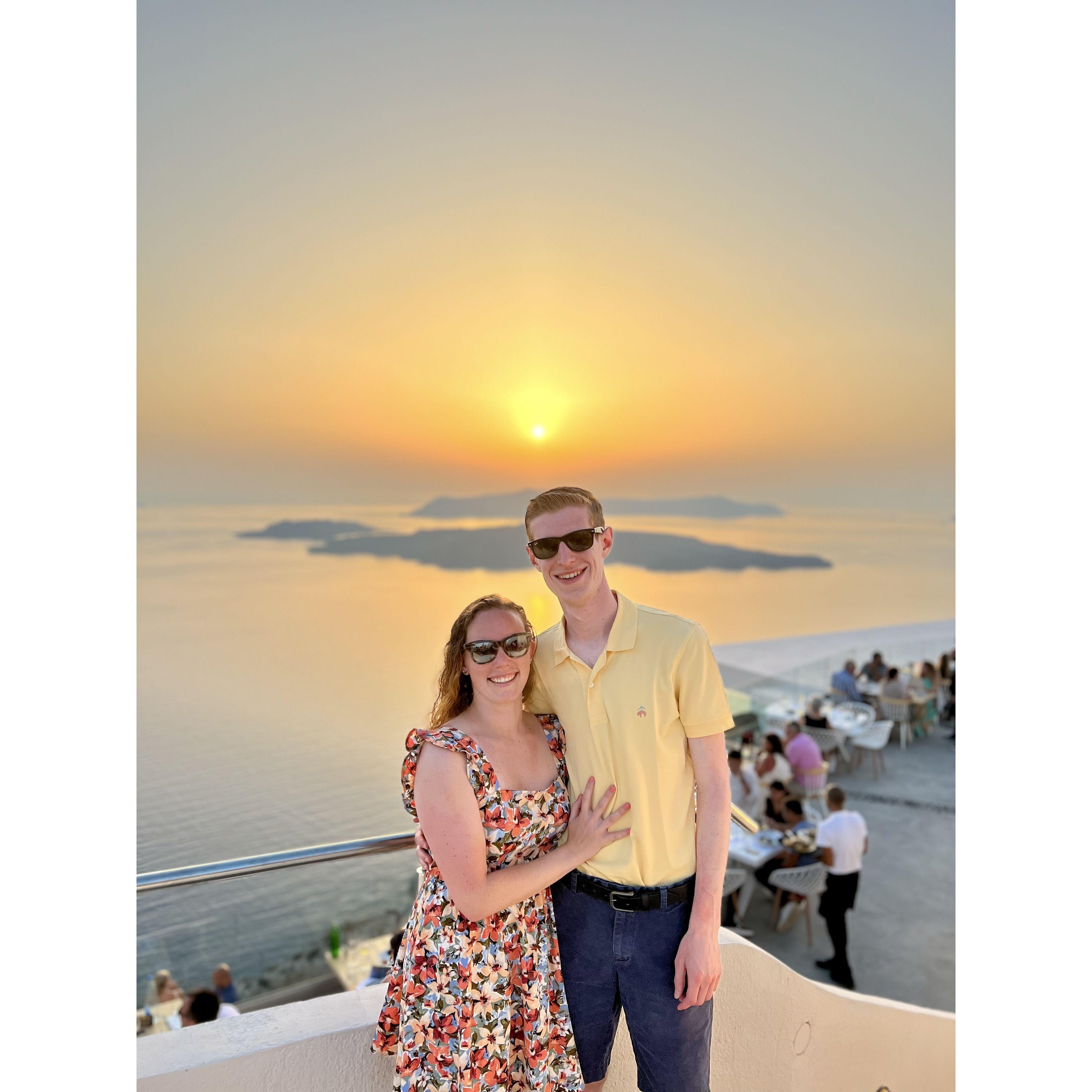 A beautiful sunset over the Caldera at the Santo Winery in Santorini. 2022.