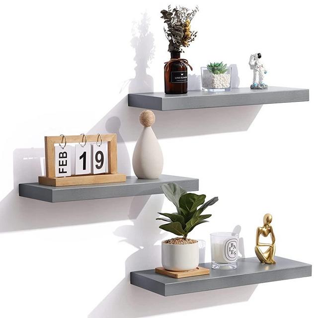 Floating Shelves, Grey Wood Wall Mounted Shelves with Invisible Brackets for Bedroom Living Room Bathroom Kitchen, Shelves for Wall Decor Storage Set of 3