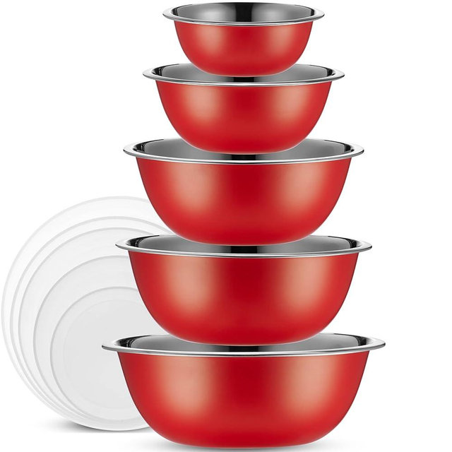 WHYSKO Stainless Steel Mixing Bowls With Lids Set, 5 Sizes Nesting Mixing Bowls for Your Kitchen Meal Prep, Cooking, Baking, and Food Storage (Red Bowls - With White Lids)