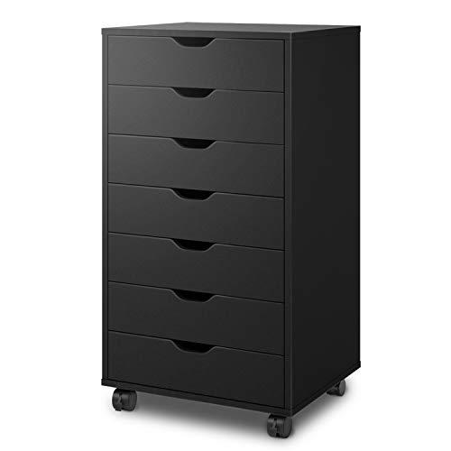 DEVAISE 7-Drawer Chest, Wood Storage Dresser Cabinet with Wheels, Black