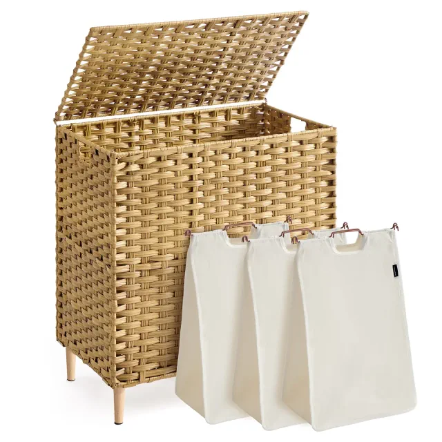 SONGMICS Laundry Hamper with Lid, PE Rattan Laundry Basket with Removable Liner, Storage Basket, 3-Section Sorter, 42.2 Gallons , Goose Yellow