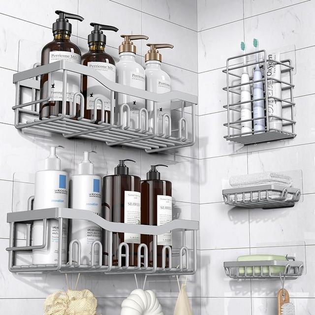 EUDELE Shower Caddy 5 Pack,Adhesive Shower Organizer for Bathroom Storage&Home Decor&Kitchen,No Drilling,Large Capacity,Rustproof Stainless Steel Bathroom Organizer,Shower Shelves for Inside Shower