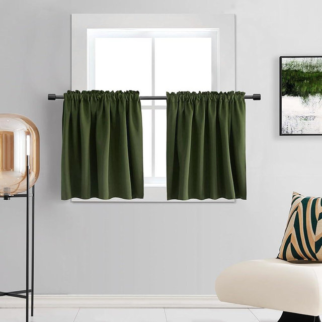 DONREN 24 Inch Length Olive Green Tier Curtains- 2 Panels Blackout Thermal Insulating Small Valance Curtains for Kitchen Rod Pocket Top (24 Inches Wide by 24 Inches Long)