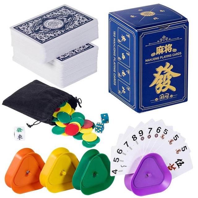 tratizari 180-Piece Mahjong Playing Cards,American & Chinese Combinations,Includes 4 Playing Card Holder,2 Dice,1 Wind Indicator,105 Chips,1 Storage Bag (with Accessories)