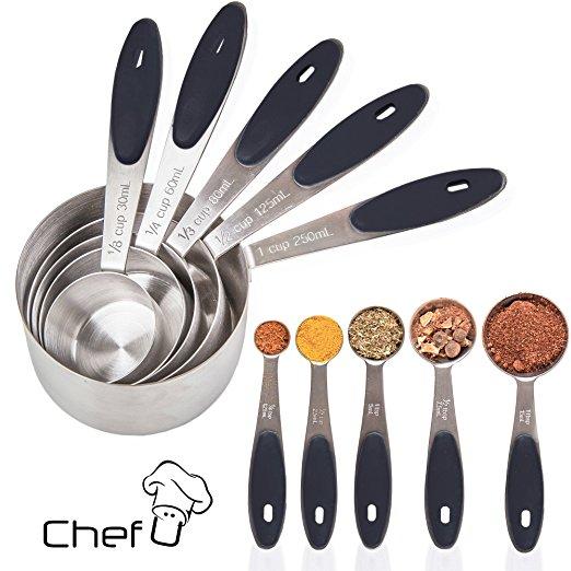 Chef U Stainless Steel Measuring Cups and Spoons, Set of 10, Premium Quality Engraved Metric US Liquid Measurement, Rust Proof, Food Grade Soft Silicone Grip, Nested Stackable Kitchen Tools