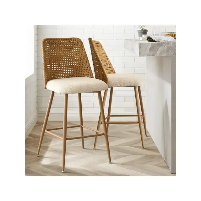 Nice Boucle Counter Stool Set Of 2,Beige Upholstered Rattan Counter Stool,27 Inch Stools With Back for Kitchen Island-Maison Boucle