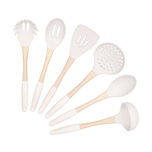Cooking Utensils Set, VICKITCHEN 6 Piece Silicone Kitchen Utensils with Natural Wooden Handle, Nonscratch Ergonomic Kitchen Tool Set for Nonstick Cookware with Nylon Core White