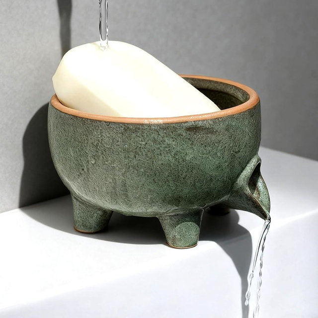 Wowhalolo Soap Dish with Drainage，Ceramic Self Draining bar Soap Holder for Shower，Bathroom，Sink，Kitchen and Countertop，Keeps Bars Dry& Lasts Longer，Avocado Green