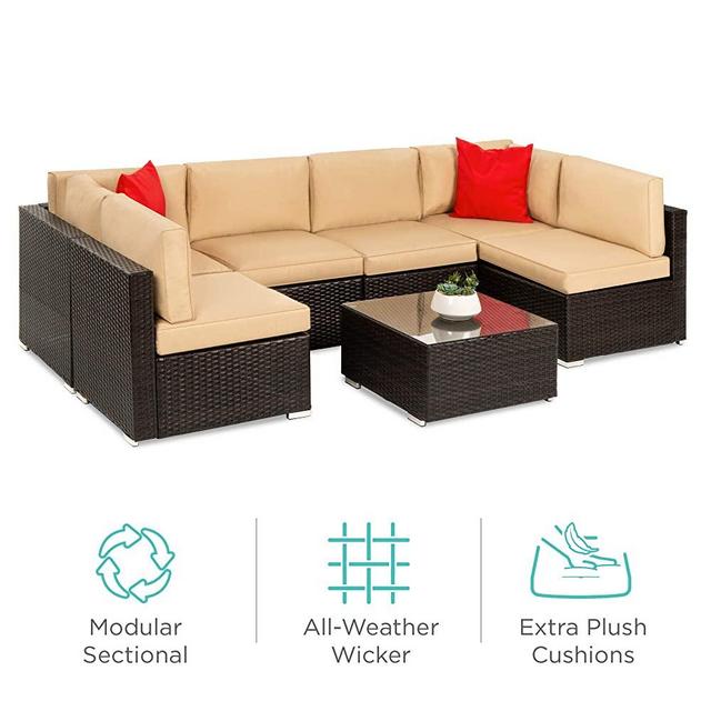 Best Choice Products 7-Piece Modular Outdoor Sectional Wicker Patio Furniture Conversation Set w/ 6 Chairs, 2 Pillows, Seat Clips, Coffee Table, Cover Included - Brown/Tan