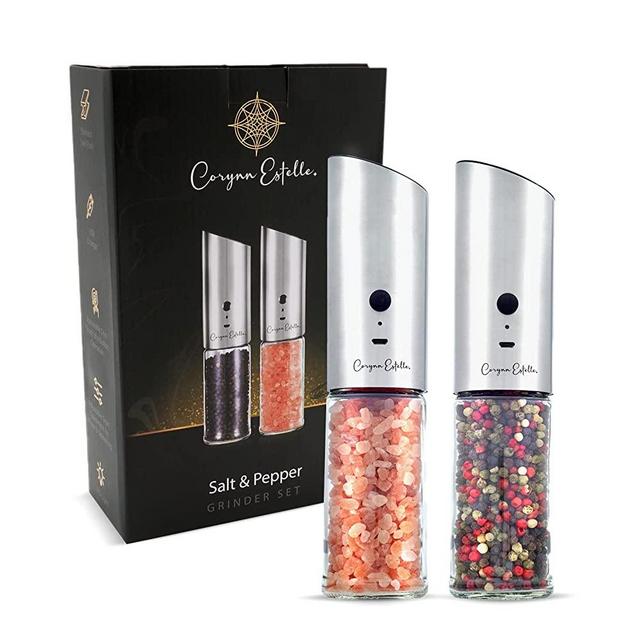 Automatic USB Rechargeable Salt and Pepper Grinder Set - Gravity Electric Salt and Pepper Grinder Set with LED Light and Adjustable Coarseness - Easy to Clean Using the Included Cleaning Brush