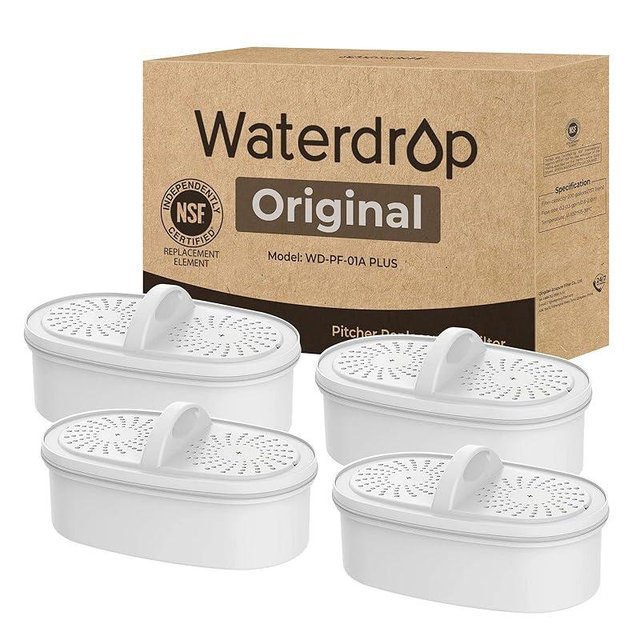 [Original] Waterdrop WD-PF-01A Plus NSF Certified Replacement Filters for All Waterdrop Pitcher and Dispenser Filtration System, Reduces Lead, PFAS, PFOA/PFOS, Last Up to 200 Gallons (4 Packs)
