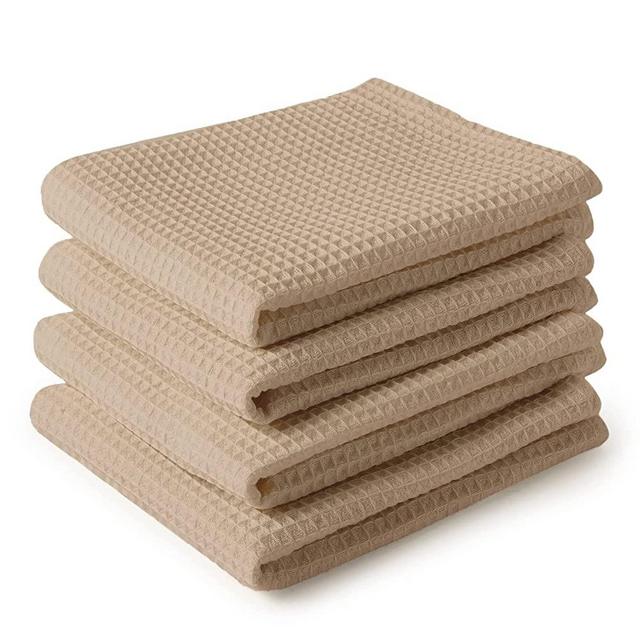 Encasa Homes Anti-Odour Waffle Kitchen Dish Towels, 18 x 28 inch (4 Pc Set) Highly Absorbent, Tea Towels for Cleaning & Quick Drying, Eco-Friendly Cotton - Beige