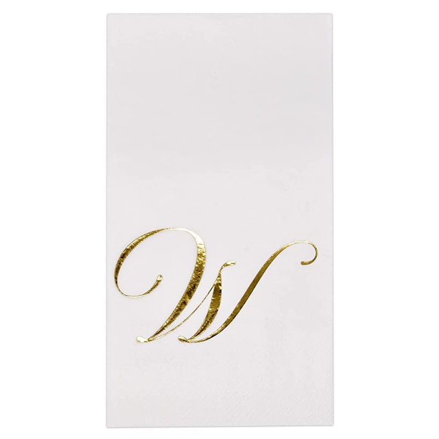 100 Gold Monogram Guest Napkins Letter W Disposable Paper Pack Elegant Metallic Golden Foil Dinner Hand Napkin for Bathroom Powder Room Wedding Holiday Birthday Party Baby Shower Decorative Towels