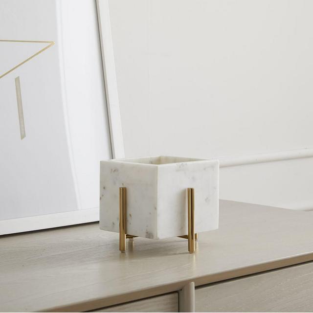 Corinth Planter, Small Square, 5x5in, White & Brass