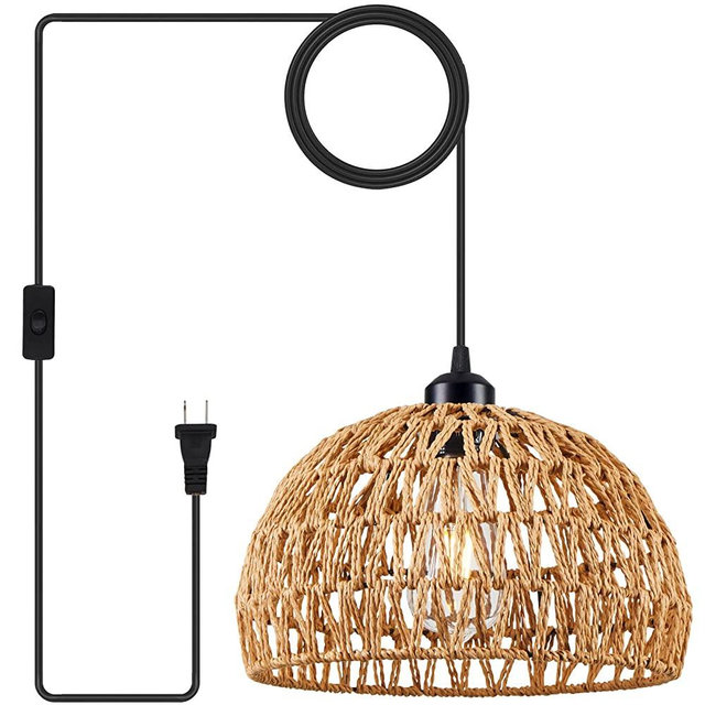 Plug in Pendant Light Rattan Hanging Lamp with 15 Ft Hemp Rope Cord, Hanging Lights with Plug in Cord, Woven Boho Wicker Basket Lamp Shade Plug in Ceiling Light Fixture for Kitchen Island (Brown)